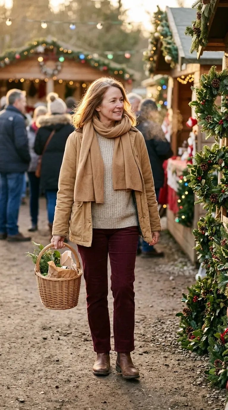 Woman over 50 in burgundy corduroy trousers and oatmeal sweater at a farmers market