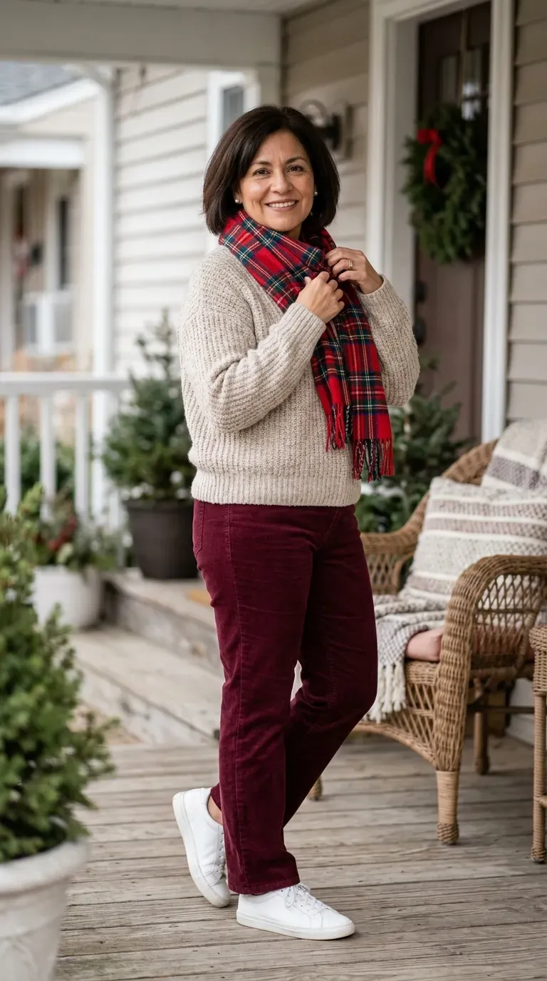 Woman over 50 in burgundy corduroy trousers and oatmeal sweater on a decorated porch