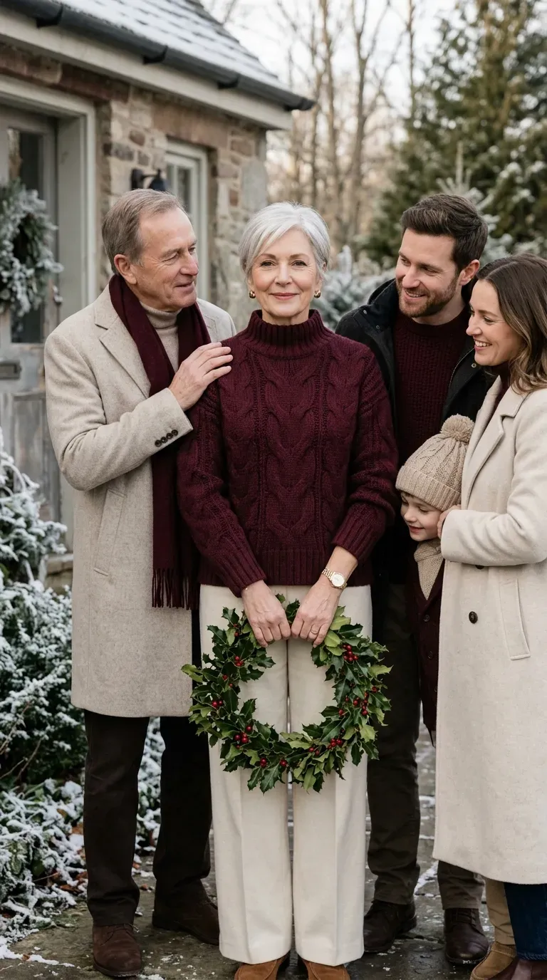 Woman over 50 in burgundy sweater and cream trousers for a coordinated Christmas family photo