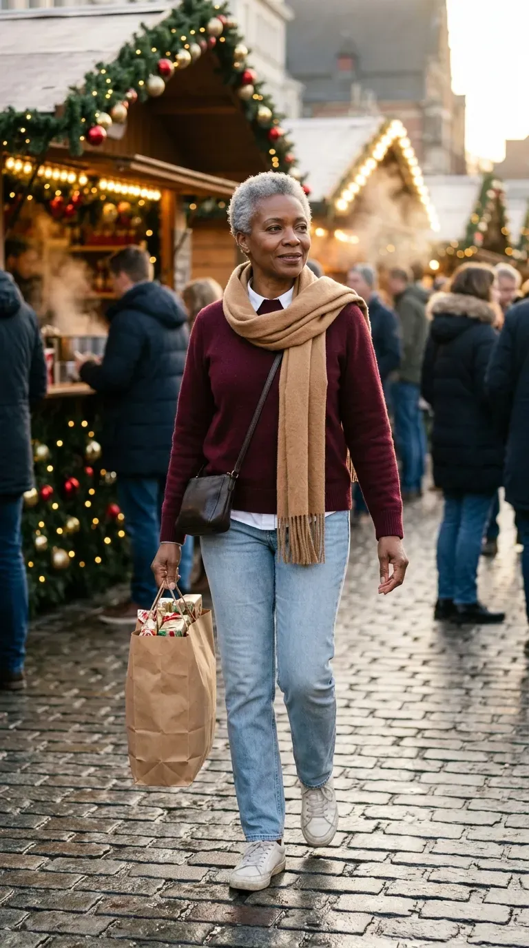 Woman in burgundy crewneck sweater and light-wash jeans walking through a Christmas market