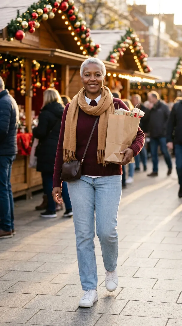 Woman in burgundy crewneck sweater and light-wash jeans walking through a Christmas market
