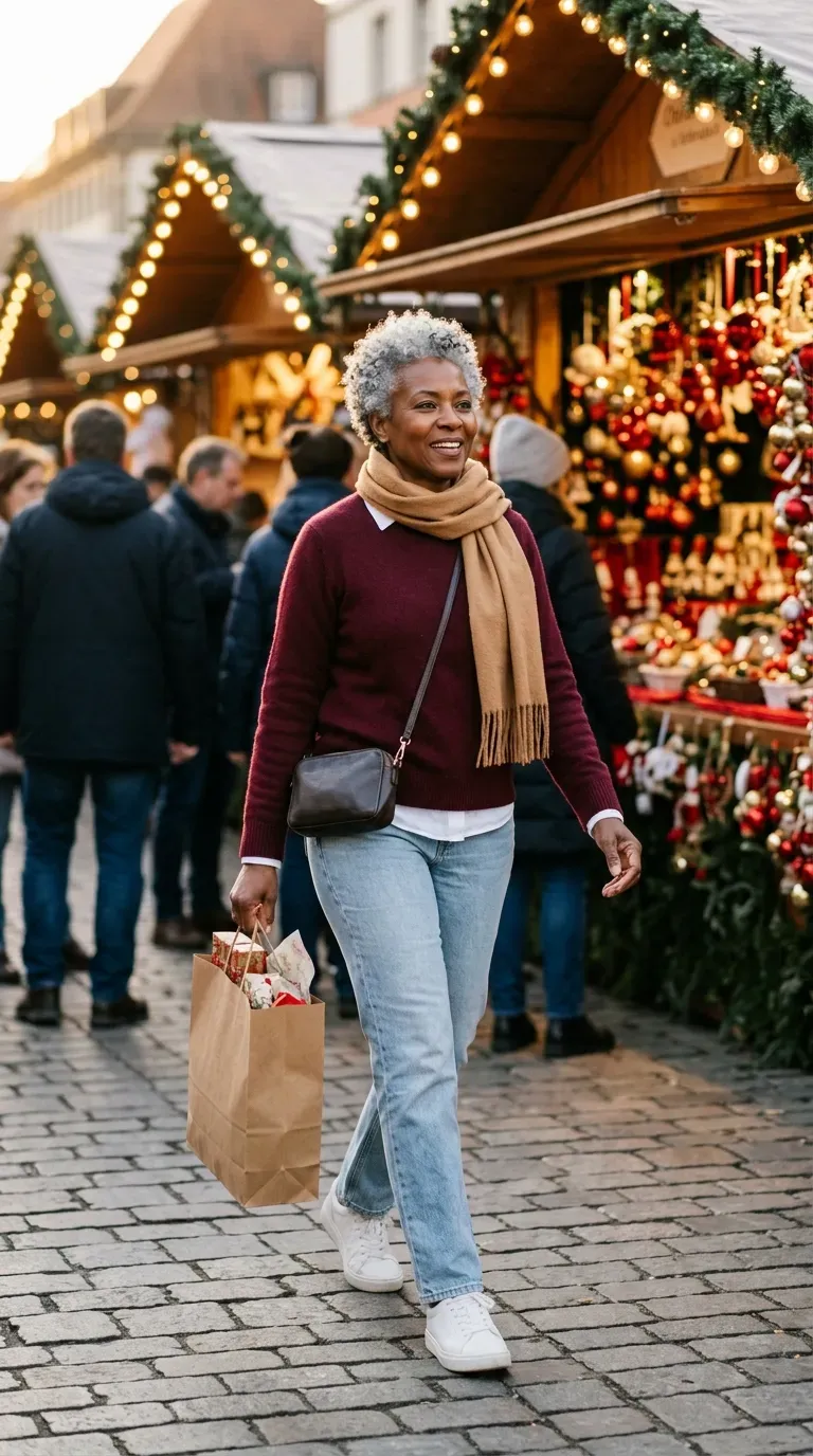 Black woman in a burgundy crewneck sweater and light-wash jeans at a Christmas market