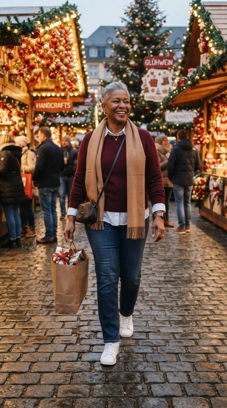 Black plus-size woman in a burgundy crewneck and mid-wash jeans at a Christmas market