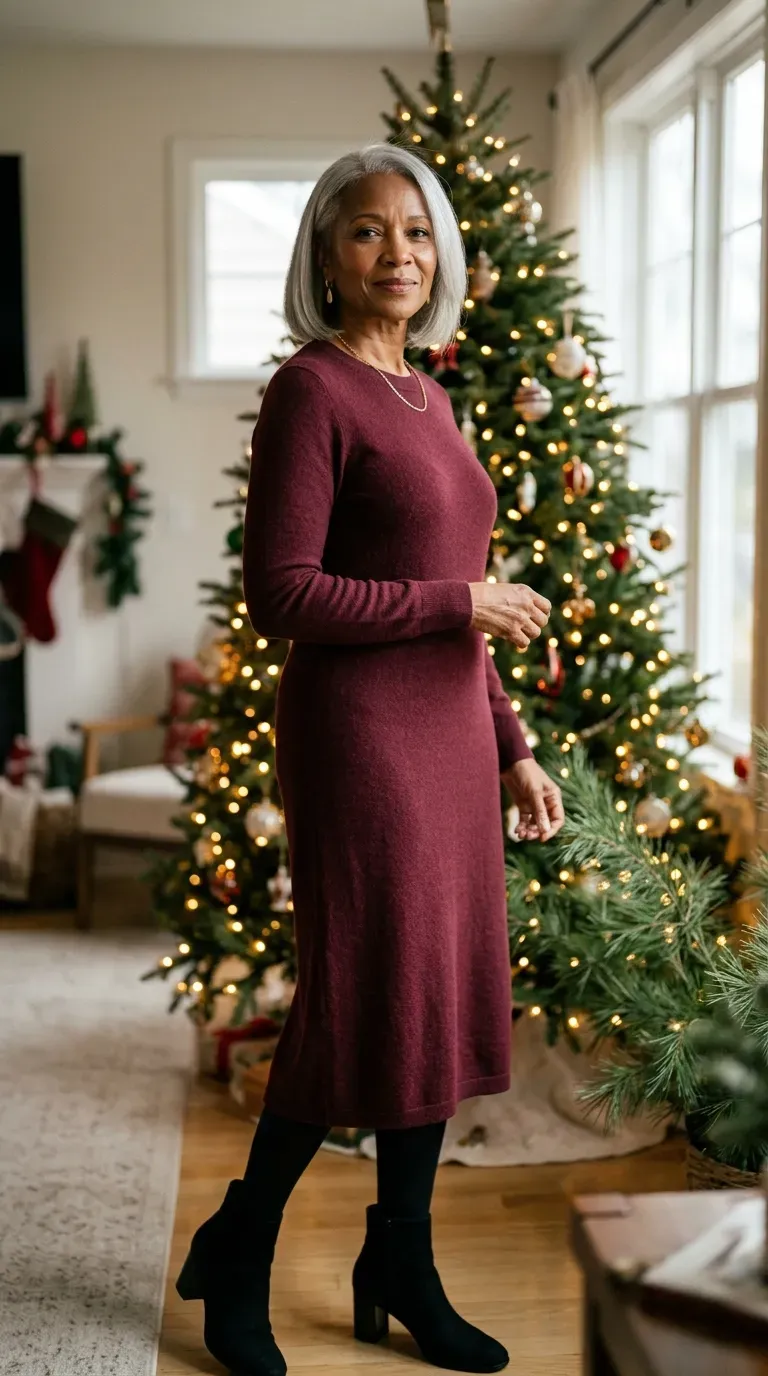 Woman over 50 in burgundy dress, black tights and ankle boots for a Christmas family photo