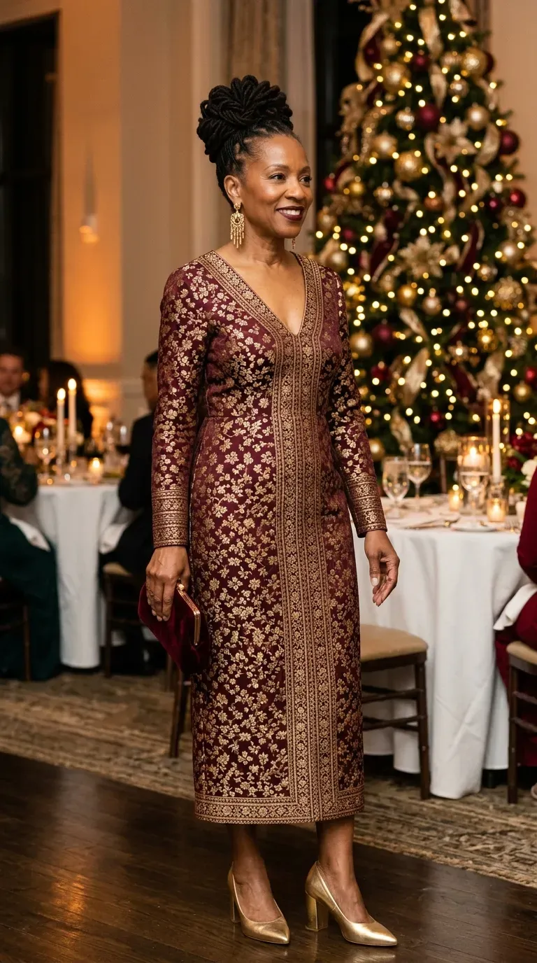 Woman over 50 in burgundy and gold jacquard midi dress and gold heels at a formal Christmas dinner