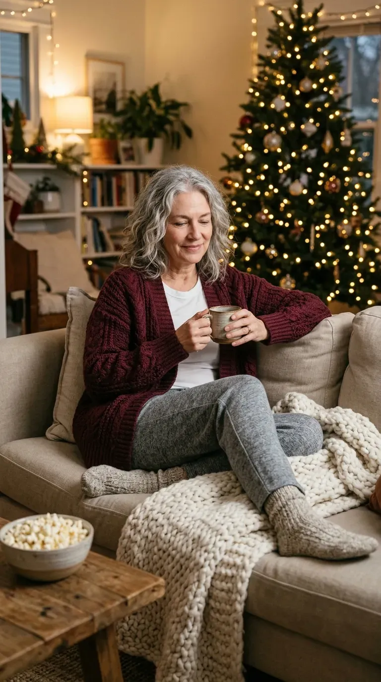 Woman over 50 in burgundy cardigan, white tee and gray joggers for a Christmas movie night