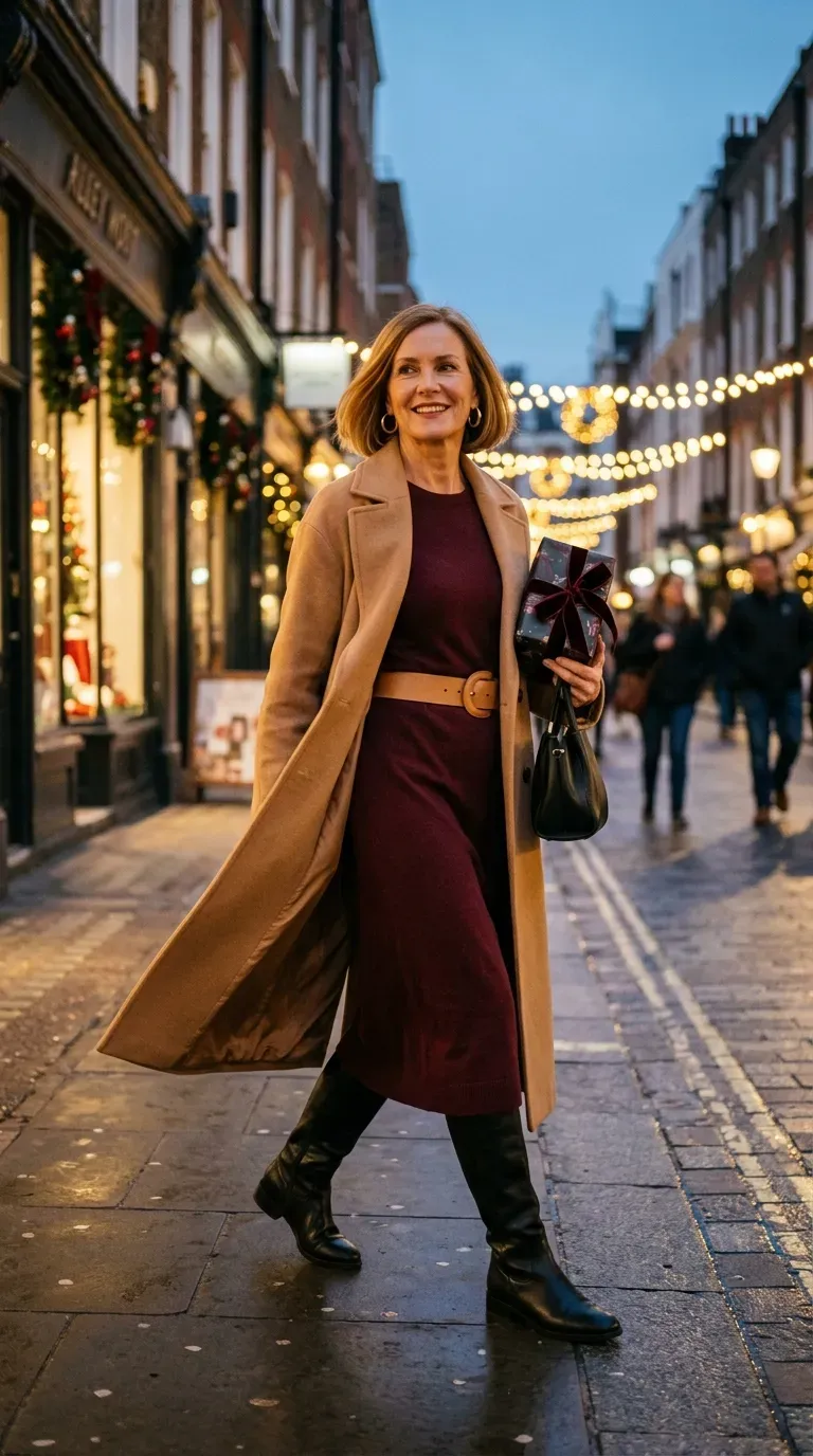Woman over 50 in burgundy knit dress, camel coat and tall boots on a lantern-lit street