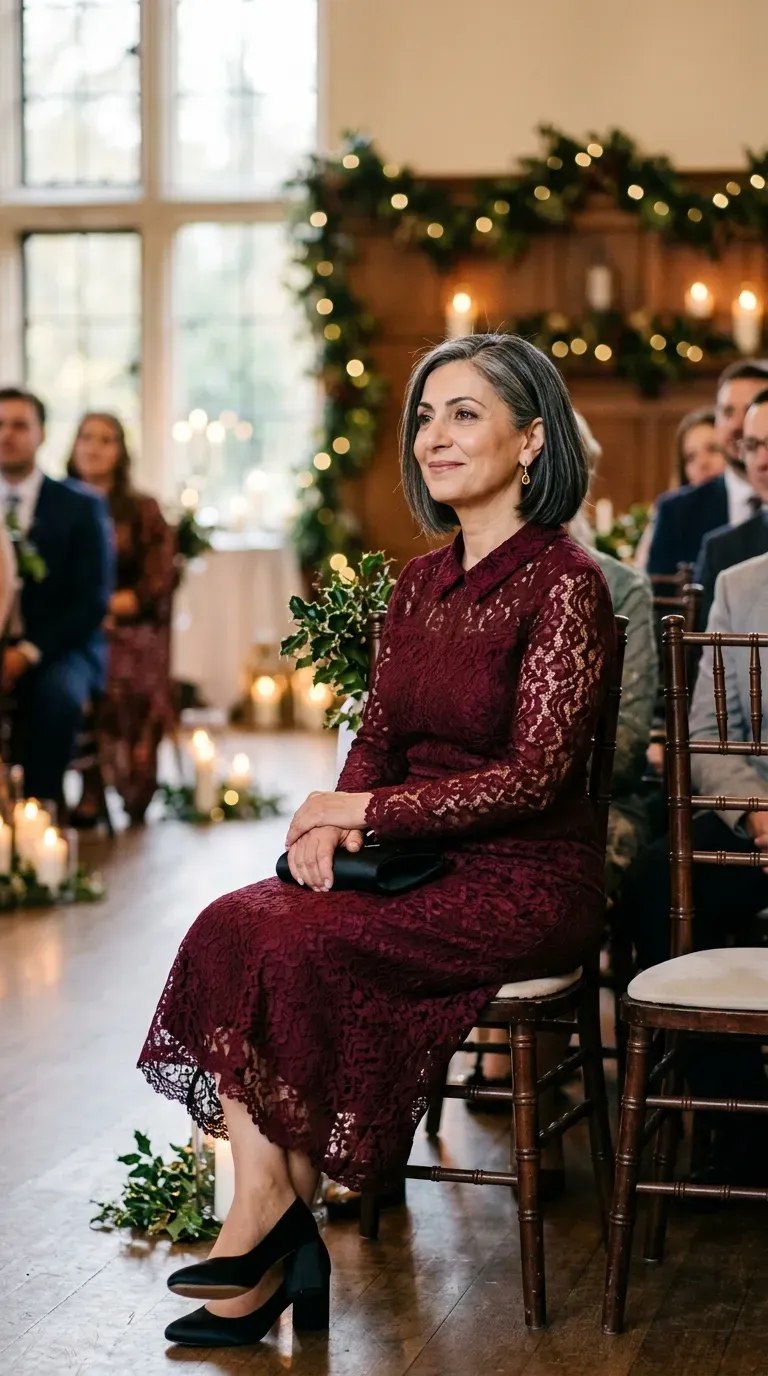 Woman over 50 in burgundy lace midi dress and black satin heels at a Christmas wedding