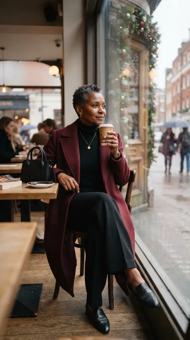 Woman over 50 in burgundy long wool coat and black wide-leg trousers outside a cafe