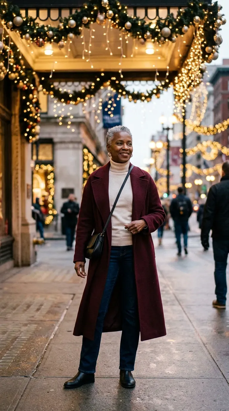 Woman over 50 in burgundy long coat, cream turtleneck and flat black boots at Christmas lights