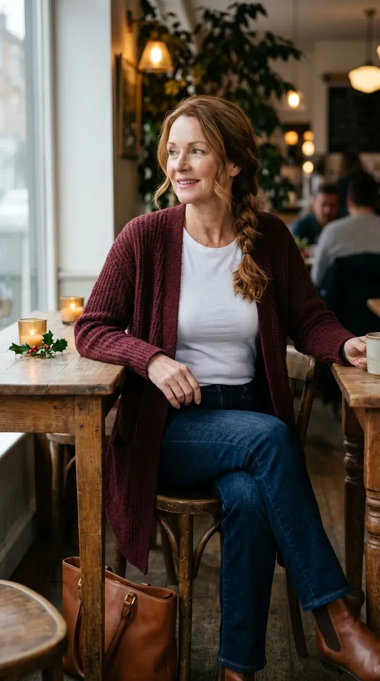Woman over 50 in burgundy longline cardigan and dark denim at a cozy Christmas café