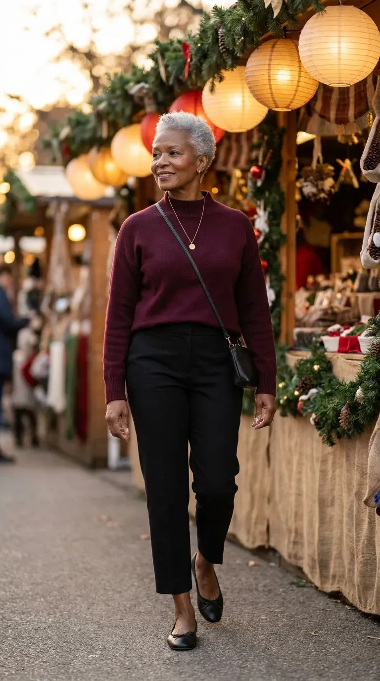 Woman over 50 in burgundy mock-neck sweater and black cropped trousers at a holiday market