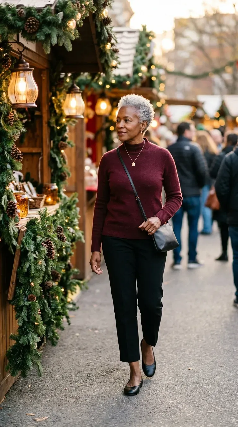 Woman over 50 in burgundy mock-neck sweater and black cropped trousers at a holiday market