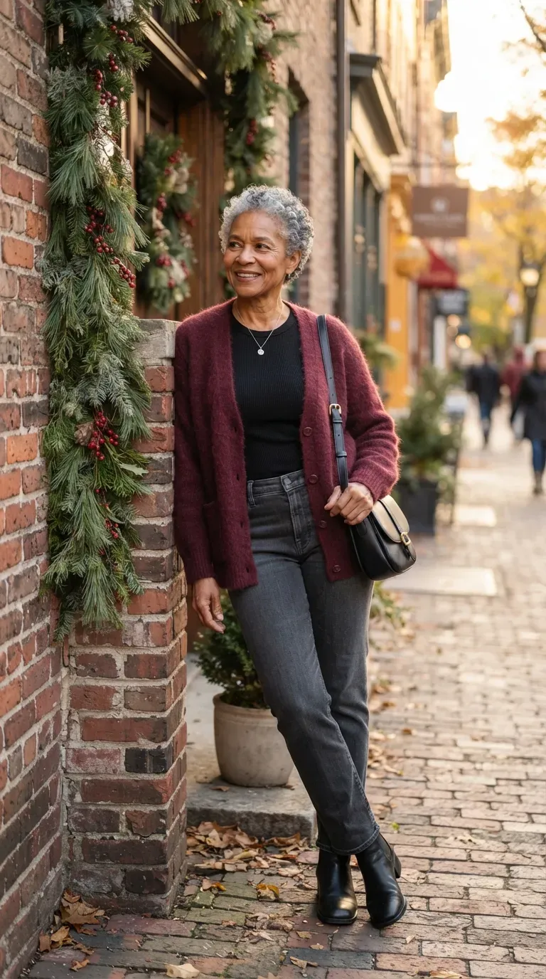 Woman over 50 in burgundy mohair cardigan, black tee and charcoal jeans leaning on a brick wall