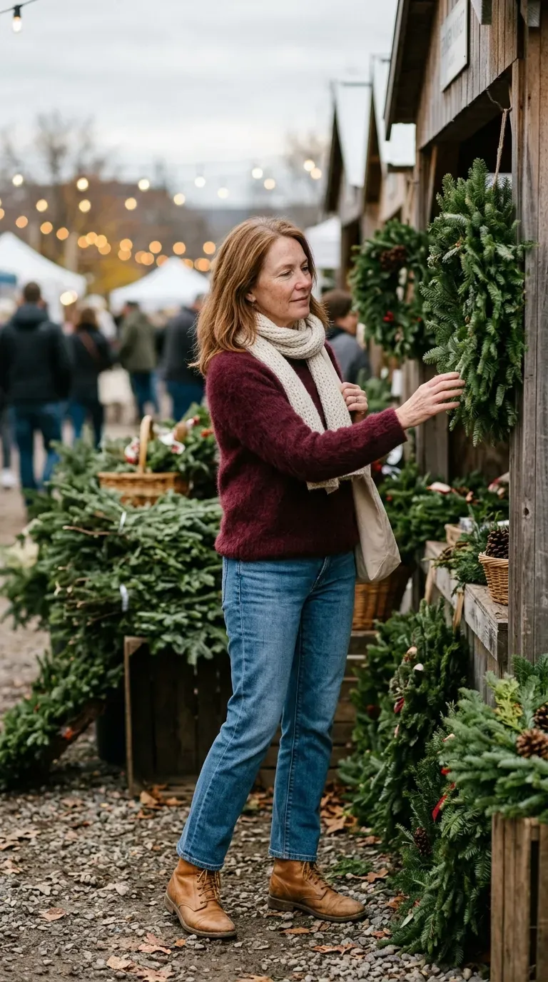 Woman over 50 in burgundy mohair sweater and straight jeans at a farmers market