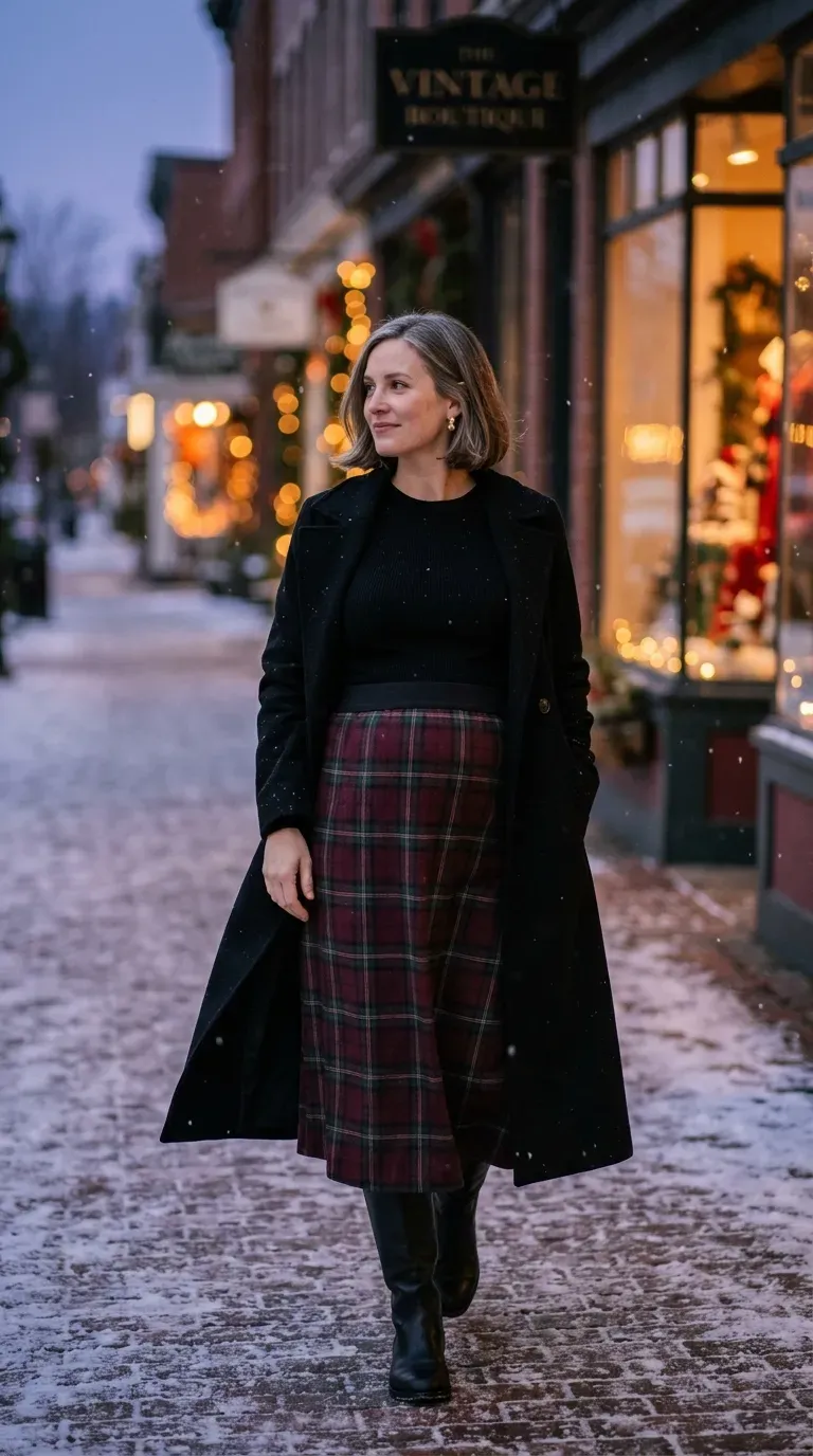 Pregnant woman in burgundy plaid midi skirt and black sweater on a snowy street at dusk