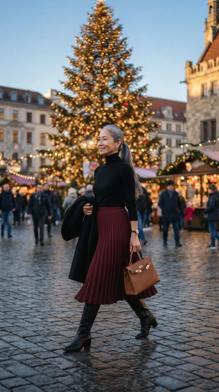 Woman over 50 in a burgundy pleated midi skirt and black turtleneck walking across a holiday plaza