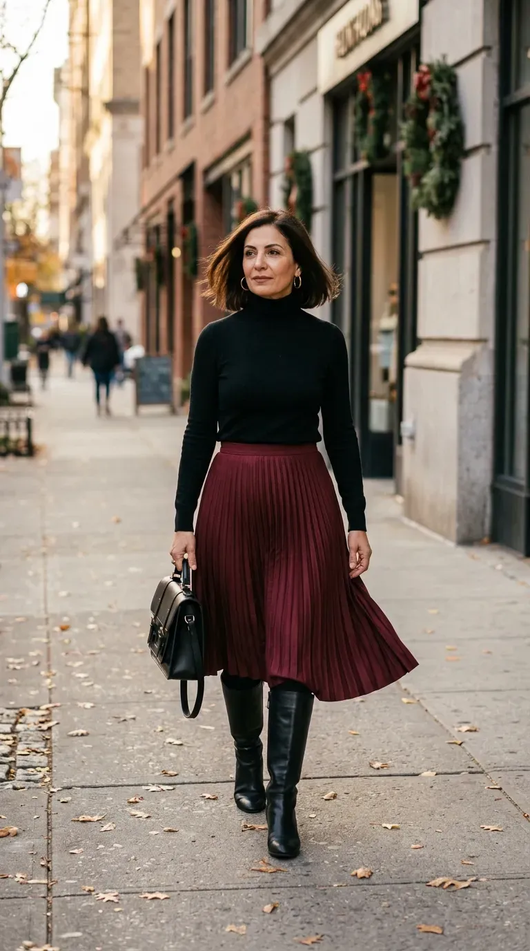 Woman over 50 in burgundy pleated skirt, black turtleneck and tall boots on a city sidewalk