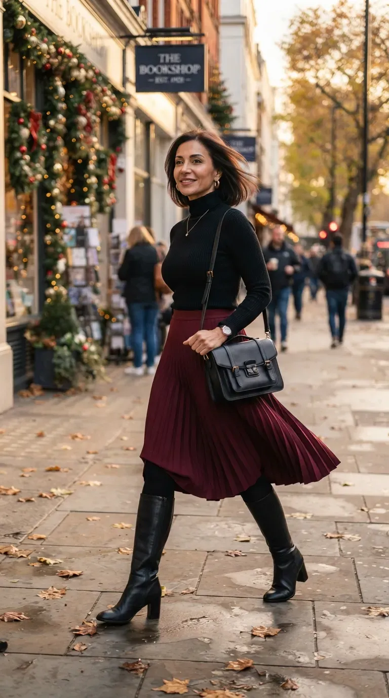 Woman over 50 in burgundy pleated skirt, black turtleneck and tall boots on a city sidewalk