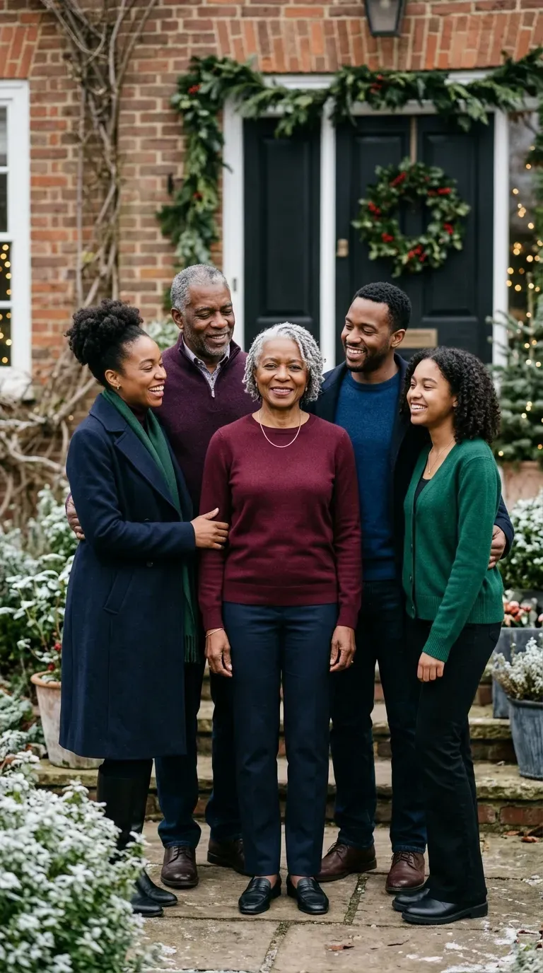 Woman over 50 in burgundy sweater for a mixed jewel-tone Christmas family photo