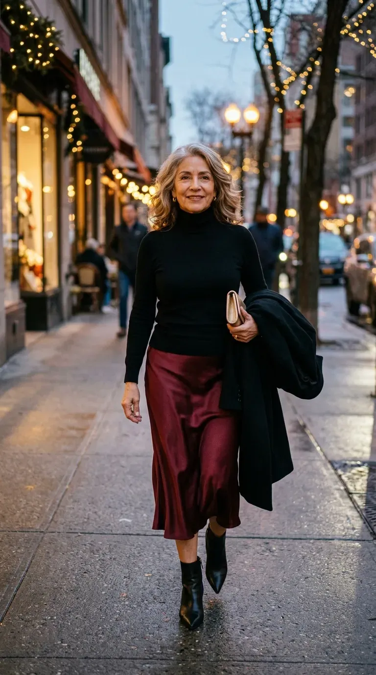 Latina woman in a burgundy satin midi skirt and black turtleneck on a city sidewalk at dusk