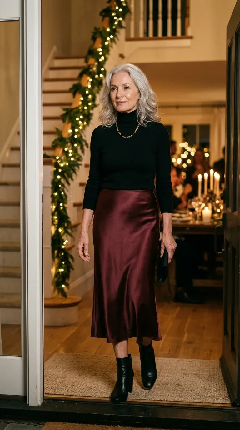 Woman over 50 in burgundy satin midi skirt and black turtleneck at a holiday dinner