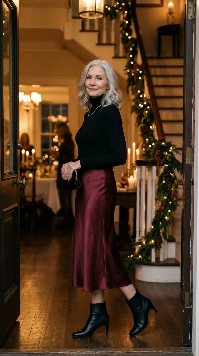 Woman over 50 in burgundy satin midi skirt and black turtleneck at a holiday dinner doorway