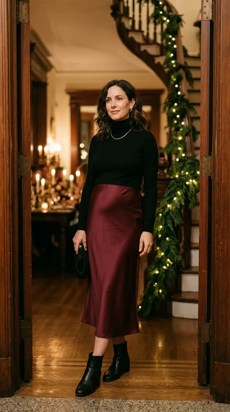 Pregnant woman in burgundy satin midi skirt and black turtleneck at a holiday dinner