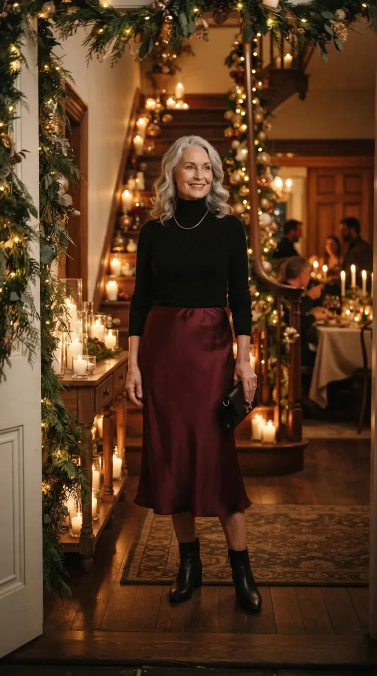 Petite woman over 50 in burgundy satin midi skirt and black turtleneck at a holiday dinner