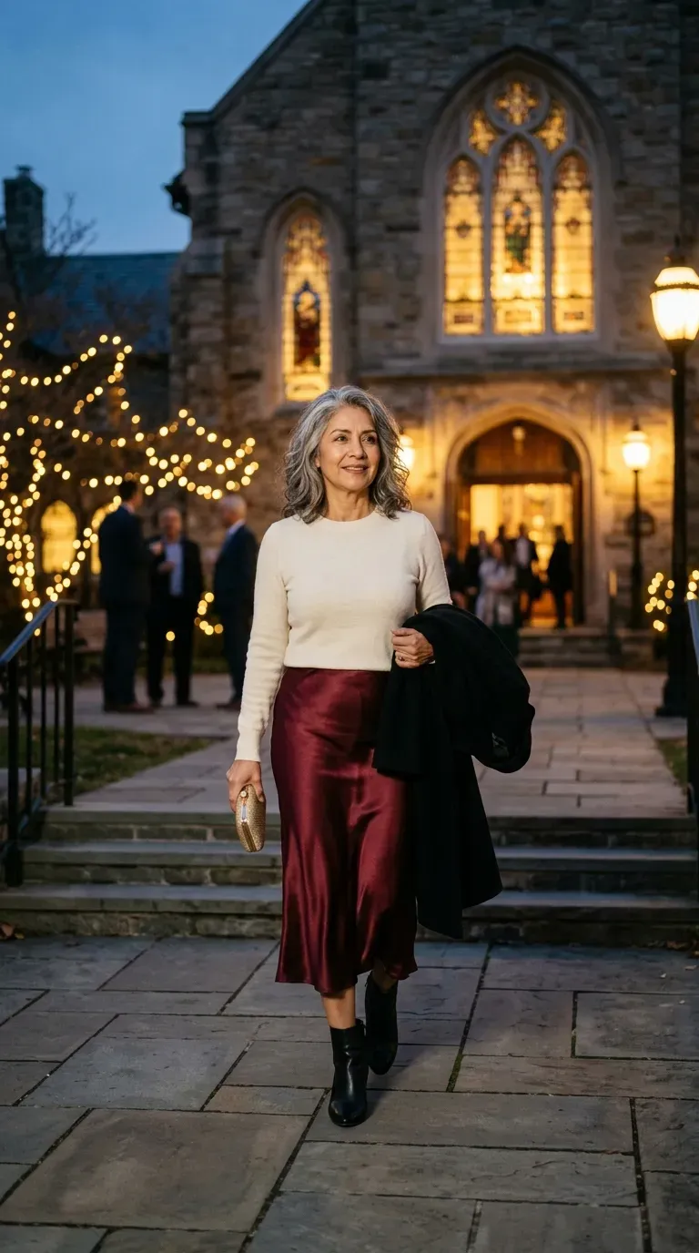 Latina woman in burgundy satin midi skirt and cream sweater leaving an evening church service