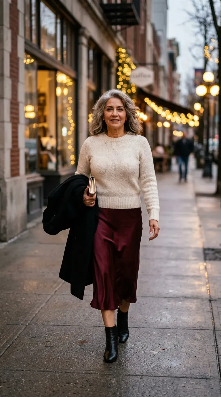 Latina woman in a burgundy satin midi skirt and cream sweater on a city sidewalk at dusk