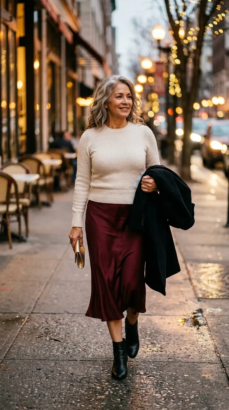 Woman in burgundy satin midi skirt and cream sweater with black boots on a city sidewalk at dusk