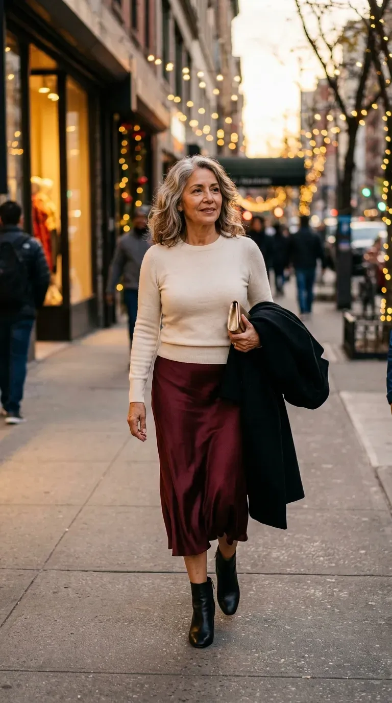 Latina woman in a burgundy satin skirt and cream sweater walking a city street at dusk