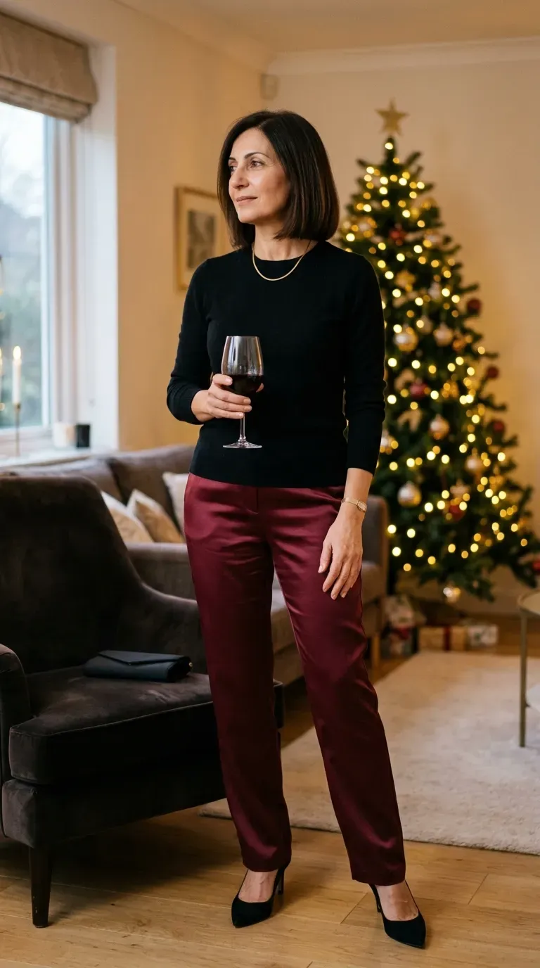 Woman over 50 in burgundy satin trousers and black sweater at an evening dinner