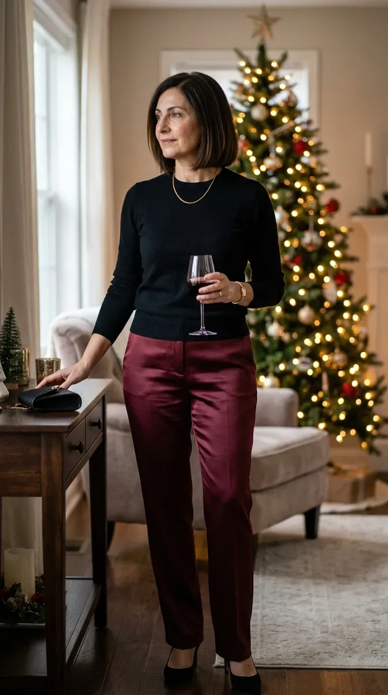 Woman over 50 in burgundy satin trousers and black sweater at an evening gathering