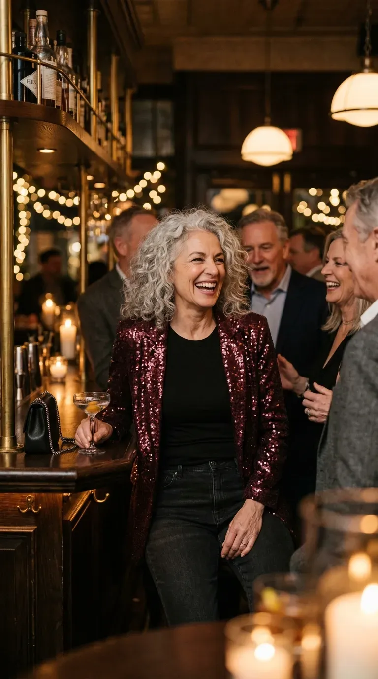 Woman over 50 in burgundy sequin blazer, black tee and straight jeans at a party