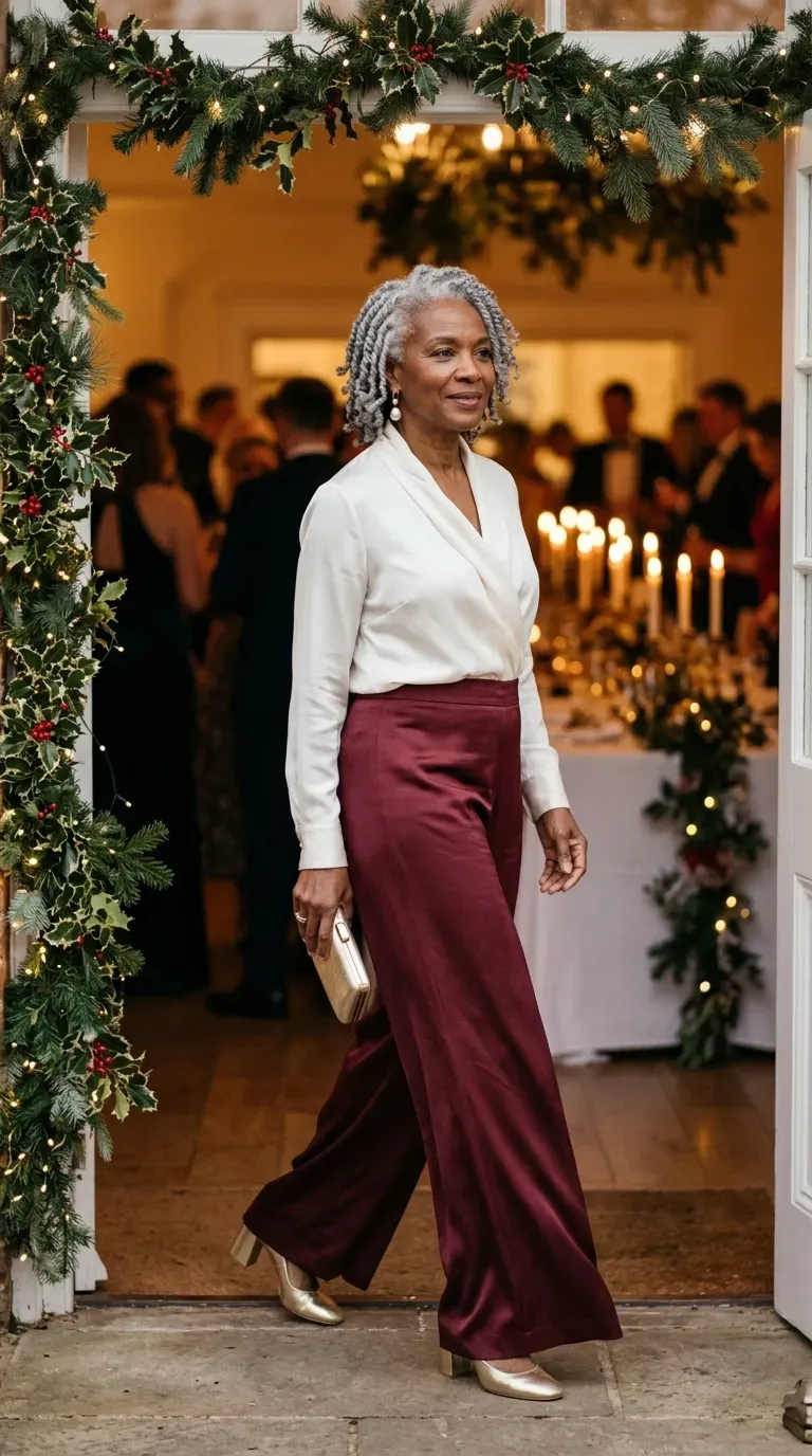 Woman over 50 in burgundy silk wide-leg trousers and ivory blouse at a Christmas wedding