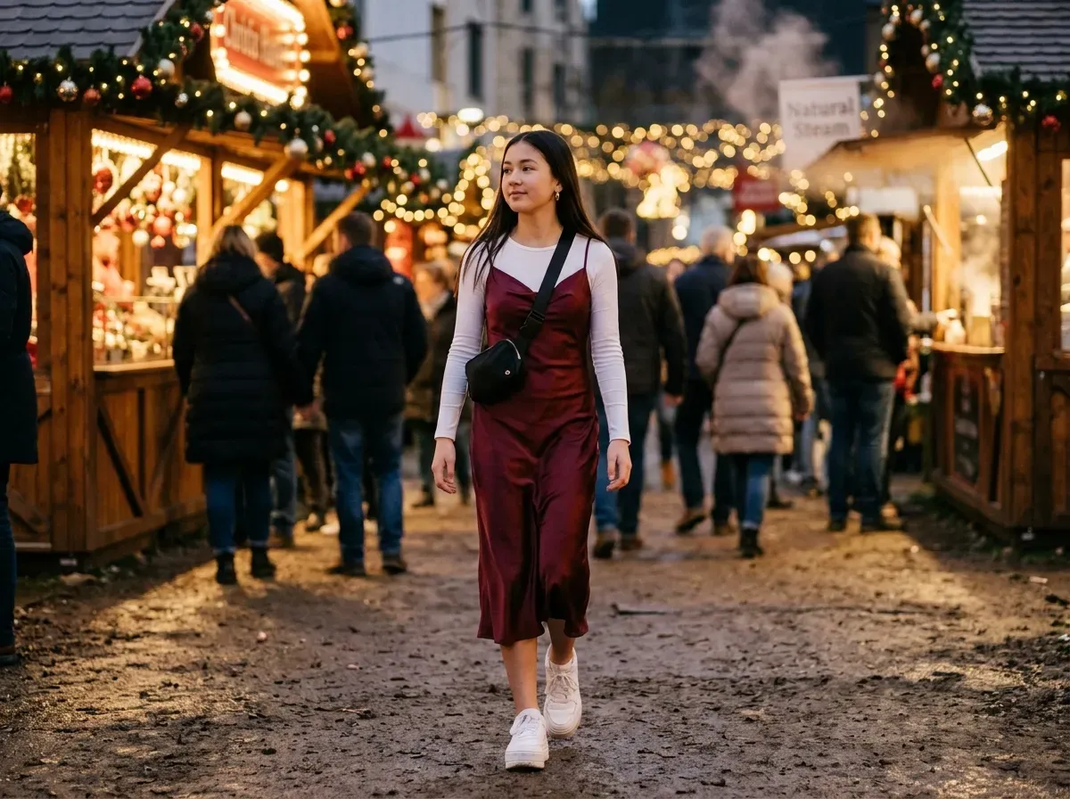 Teenage girl in burgundy slip dress, white long-sleeve tee and platform trainers for Christmas
