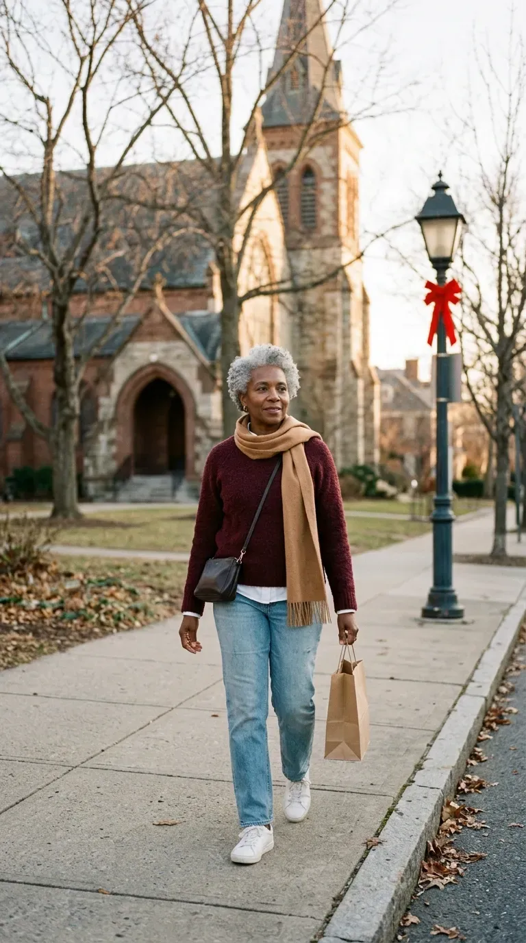 Black woman in burgundy sweater and light-wash jeans walking toward a church with a gift bag
