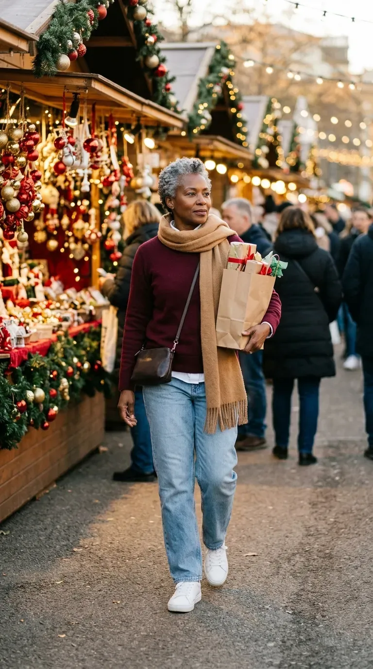 Black woman in a burgundy sweater and light-wash jeans carrying gifts through a Christmas market