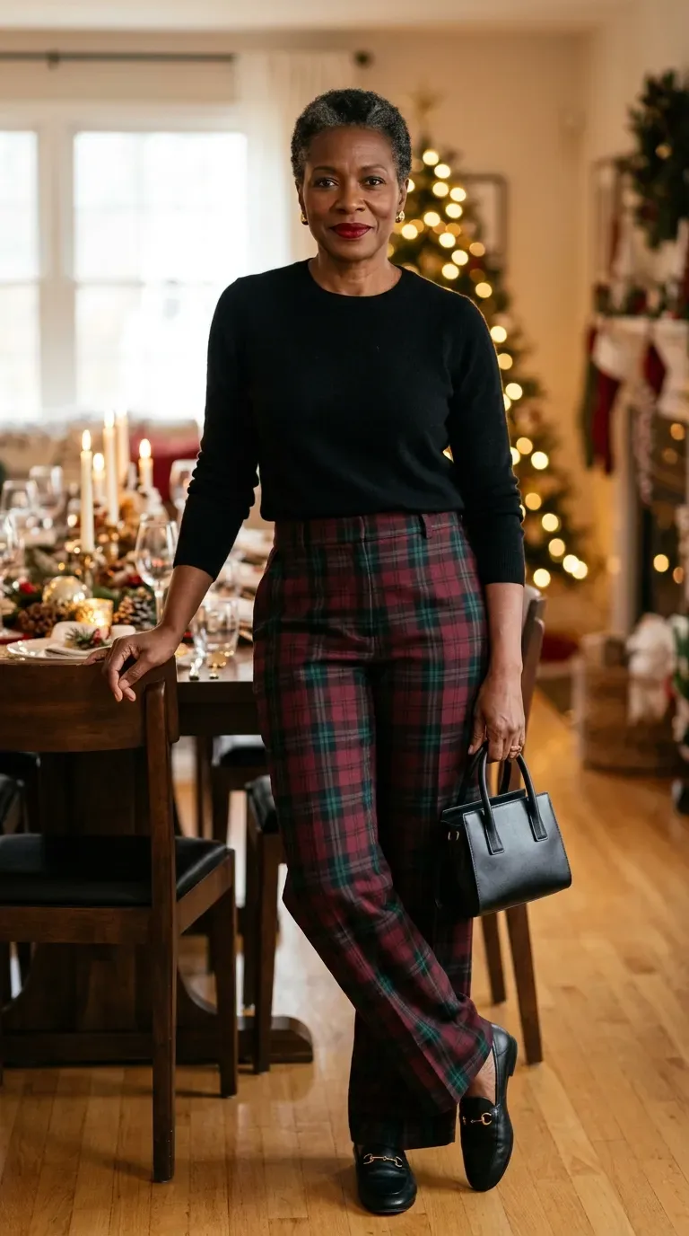 Woman over 50 in burgundy tartan wide-leg trousers and black cashmere on Christmas Day