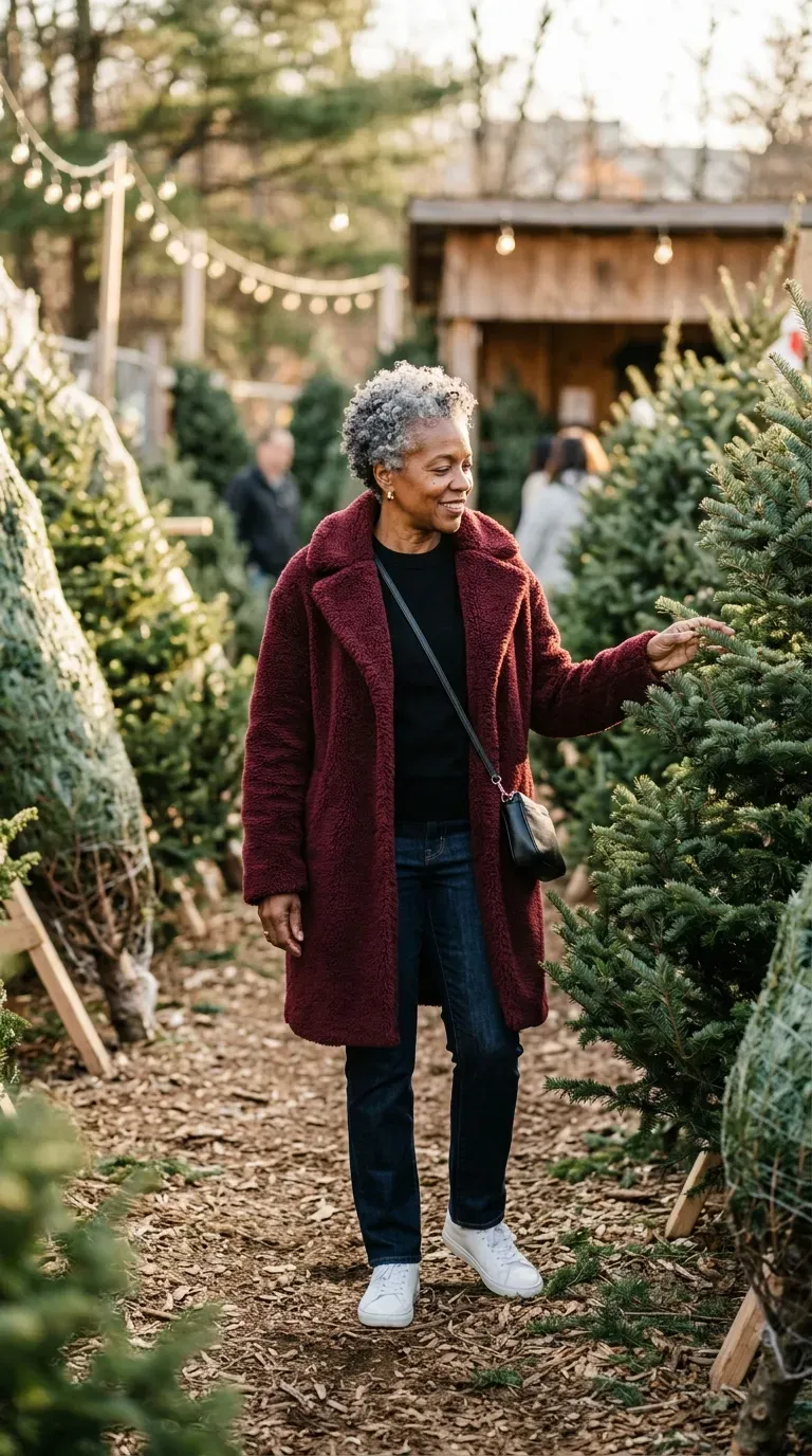 Woman over 50 in burgundy teddy coat, dark jeans and white sneakers at a tree lot