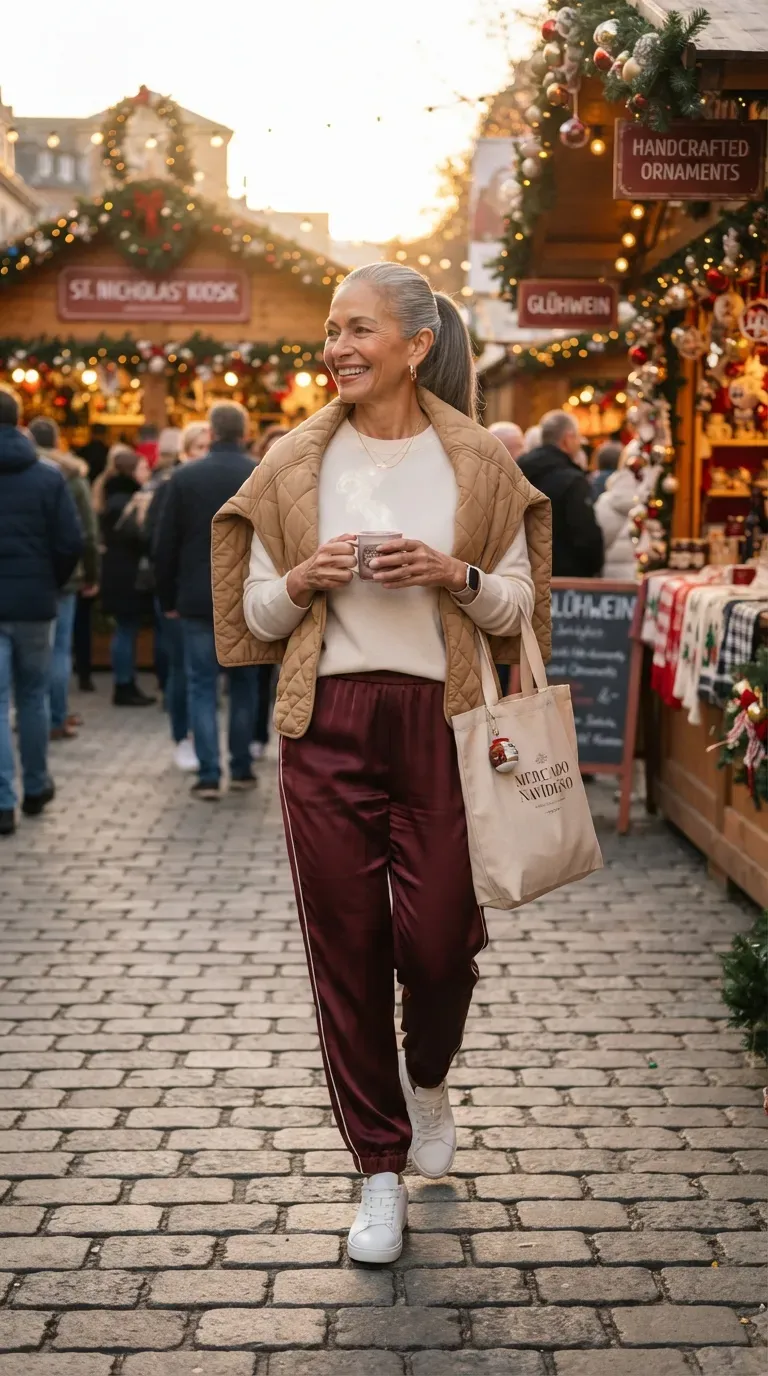 Woman over 50 in burgundy track pants, cream sweatshirt and white sneakers at a Christmas market