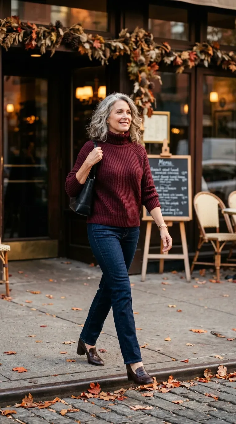 Woman over 50 in burgundy turtleneck, dark jeans and heeled loafers outside a restaurant