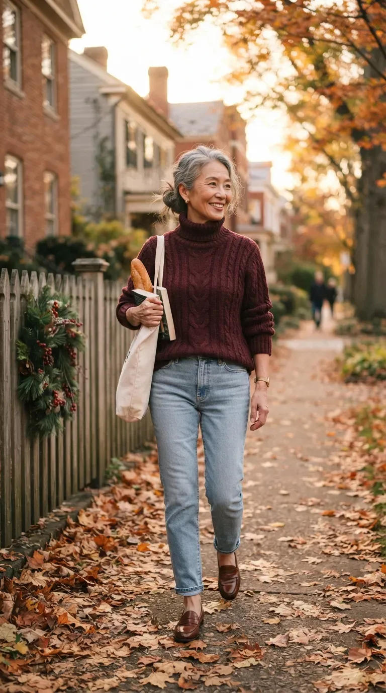 Woman over 50 in burgundy turtleneck, light jeans and loafers walking a quiet neighborhood street