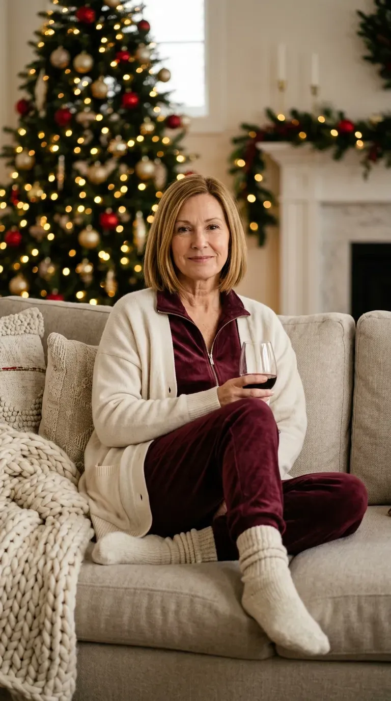 Woman over 50 in burgundy velour jogger set and cream cashmere cardigan for a movie night