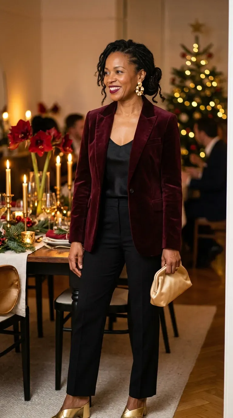 Woman over 40 in burgundy velvet blazer and black trousers at a Christmas evening dinner