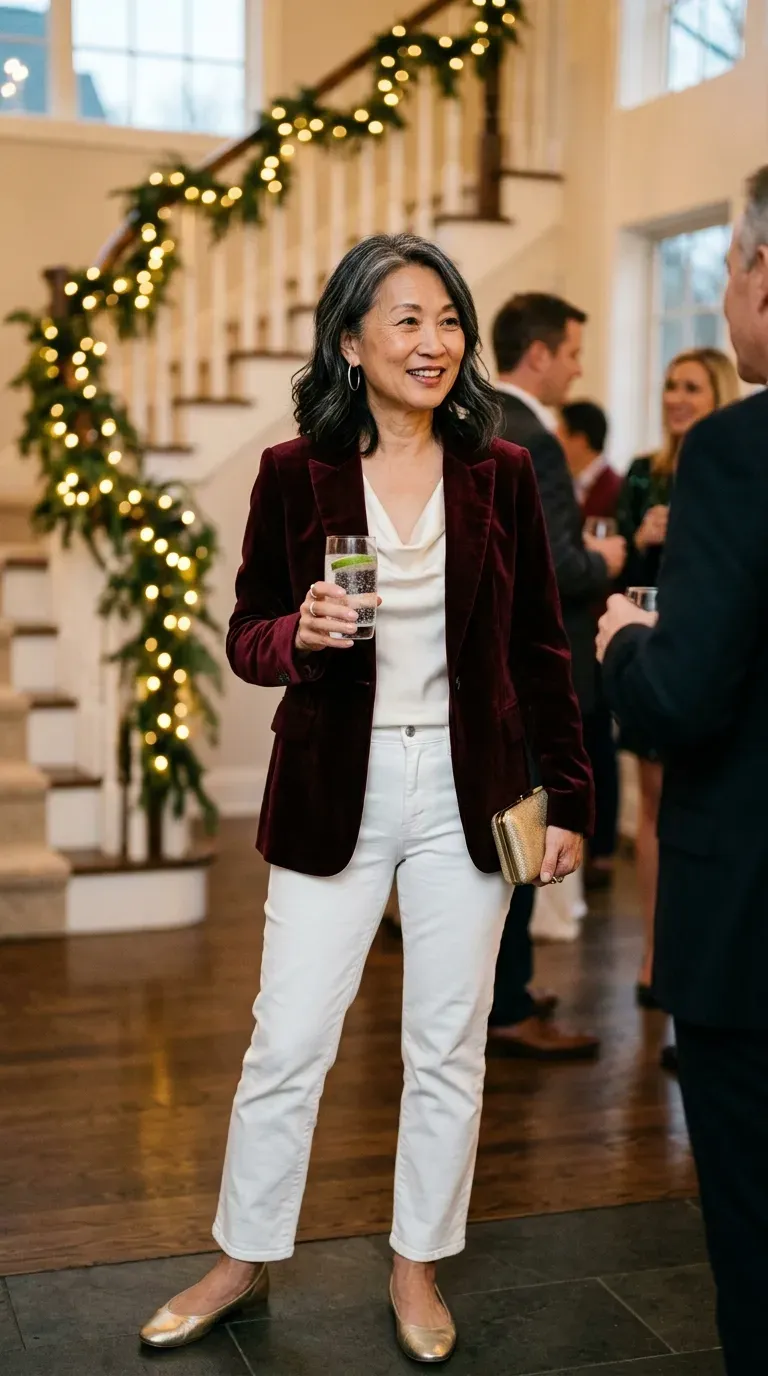 Asian woman in a burgundy velvet blazer and white jeans at a holiday cocktail hour