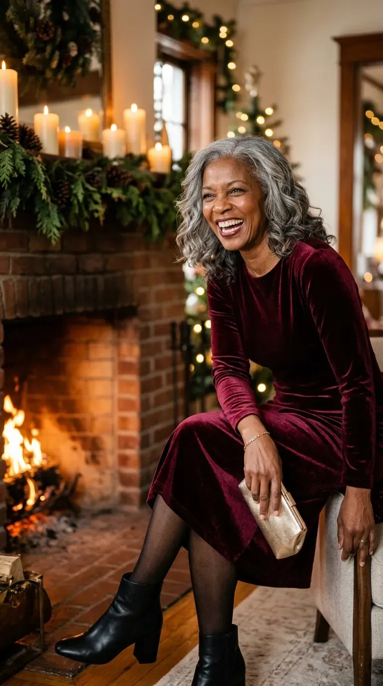 Woman over 50 in burgundy velvet midi dress and ankle boots near a fireplace