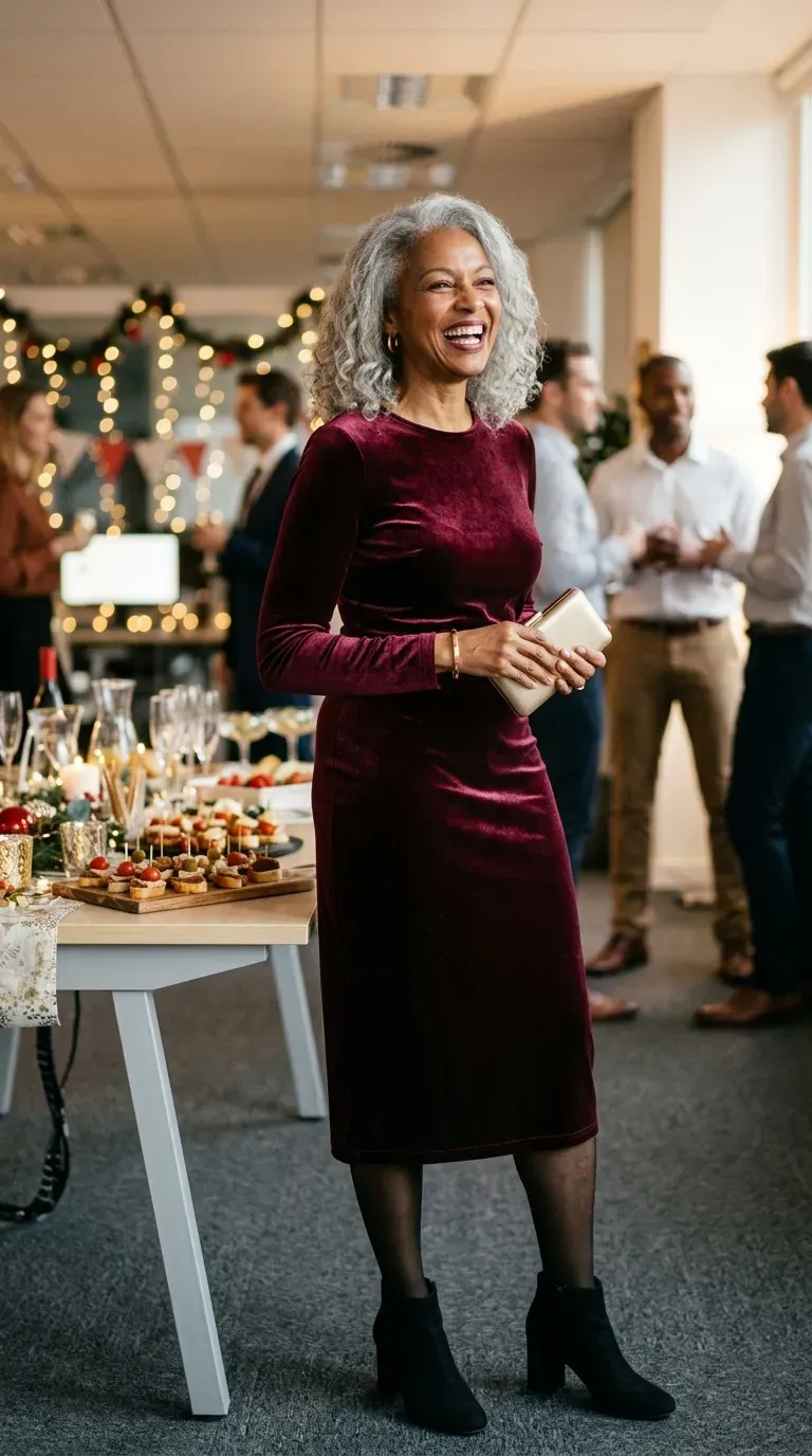 Woman over 50 in burgundy velvet midi dress and ankle boots at an office party